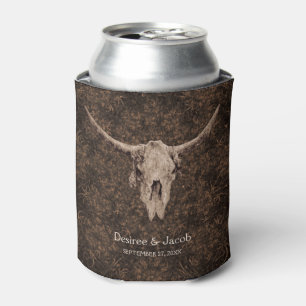 Rustic Elegant Wedding Brown Western Bull Skull Can Cooler