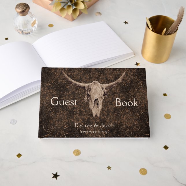 Rustic Elegant Wedding Brown Western Bull Skull Guest Book (Front Open)