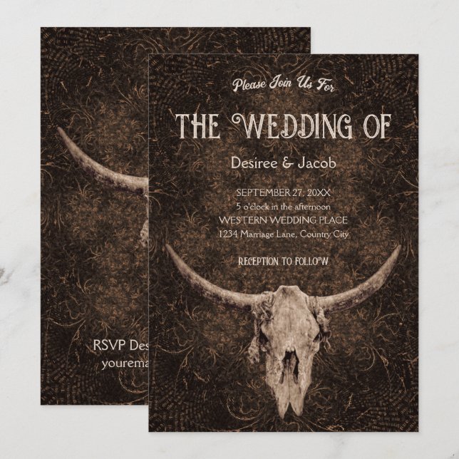 Rustic Elegant Wedding Brown Western Bull Skull Invitation (Front/Back)