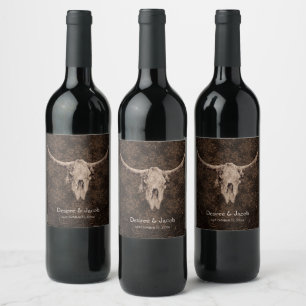 Rustic Elegant Wedding Brown Western Bull Skull Wine Label