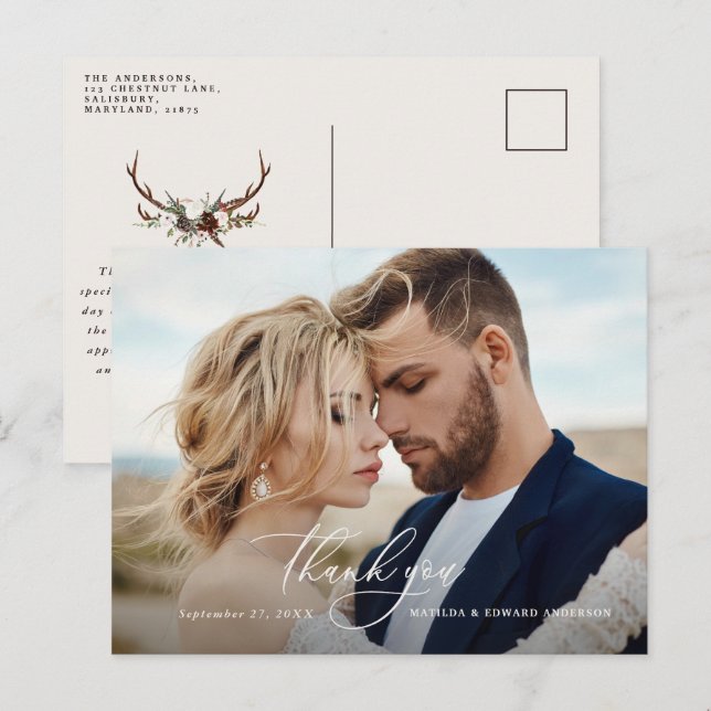 Rustic elegant wedding thank you botanical invitation postcard (Front/Back)