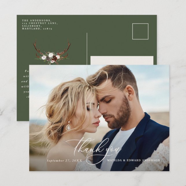 Rustic elegant wedding thank you botanical invitation postcard (Front/Back)