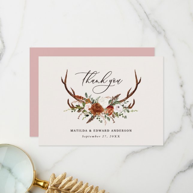 Rustic elegant wedding thank you rust stag card (Front/Back In Situ)