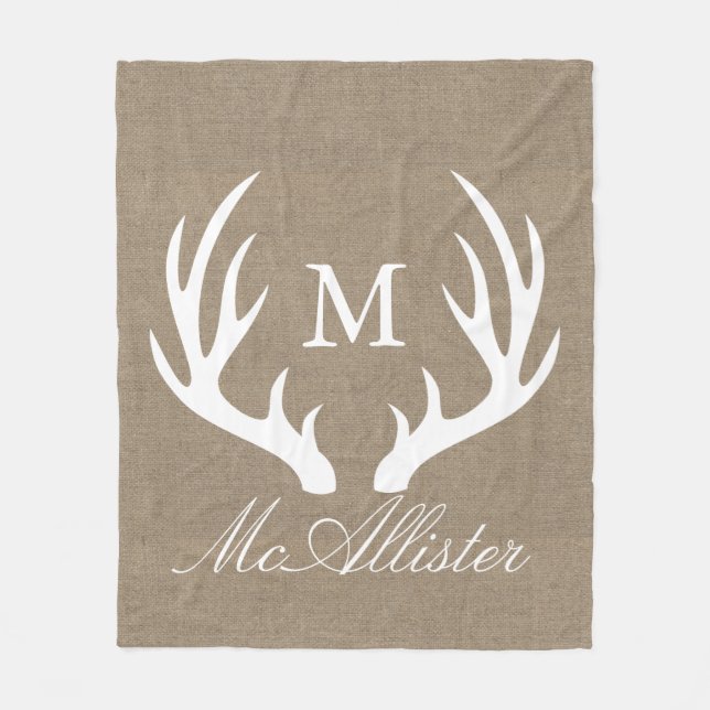 Rustic Elegant White Buck Antlers Faux Burlap Fleece Blanket (Front)