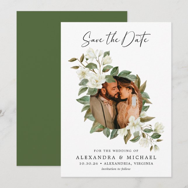 Rustic  Elegant White Floral Photo Save the Date (Front/Back)