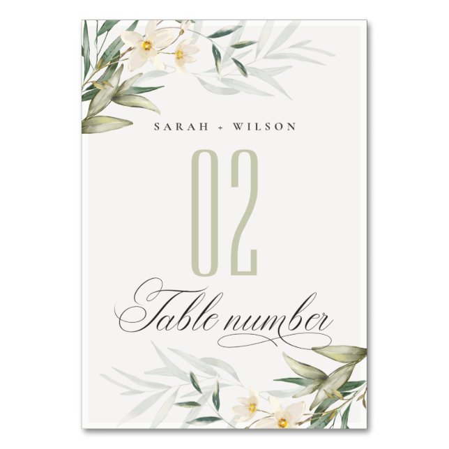 Rustic Elegant White Greenery Floral Wedding Table Number (Front)