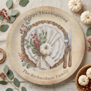 Rustic Elegant White Pumpkin Berries Thanksgiving Paper Plate