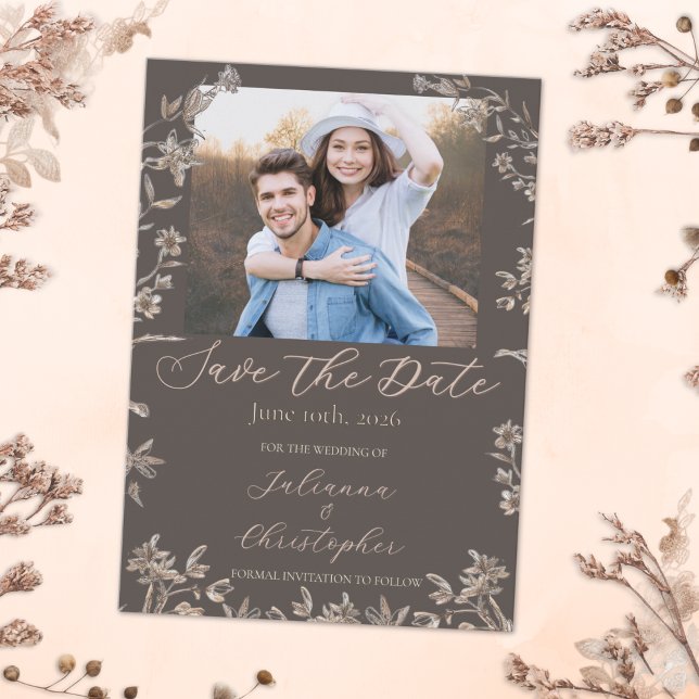 Rustic Elegant Wildflowers Mocha Script Photo Save The Date (Creator Uploaded)