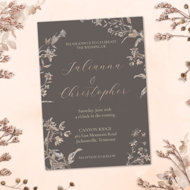 Rustic Elegant Wildflowers Mocha Script Wedding Invitation (Creator Uploaded)