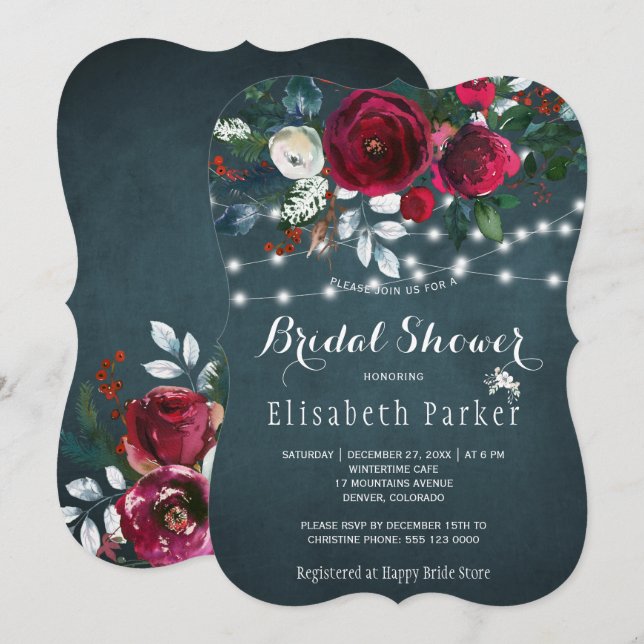 Rustic elegant winter floral chic bridal shower invitation (Front/Back)