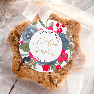 Rustic Elegant Winter Floral red green thank you Classic Round Sticker
