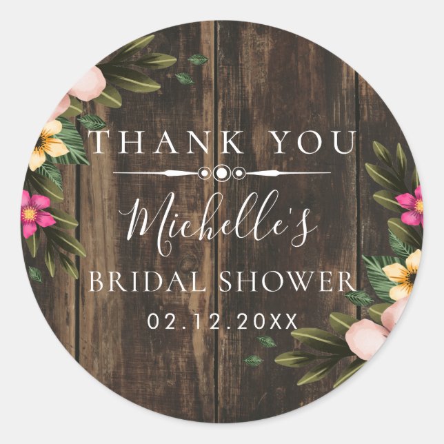 Rustic Elegant Wood Bridal Shower Thank You Classic Round Sticker (Front)