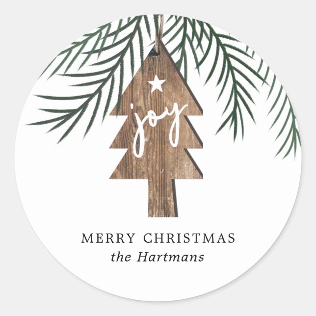 Rustic Elegant Wood Tree Joy Ornament Christmas  Classic Round Sticker (Front)