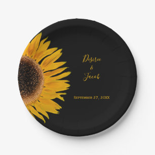 Rustic Elegant Yellow Black Sunflower Wedding Paper Plate