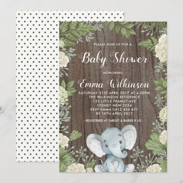 Rustic Elephant Baby Shower Invitation Botanical (Front/Back)