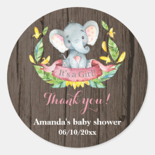 Rustic Elephant Baby Shower Pink Thank You Favour Classic Round Sticker