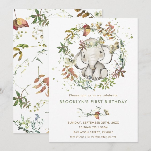 Rustic Elephant Fall Leafy Gender Neutral Birthday Invitation (Front/Back)