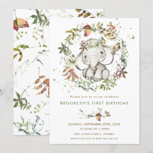 Rustic Elephant Fall Leafy Gender Neutral Birthday Invitation