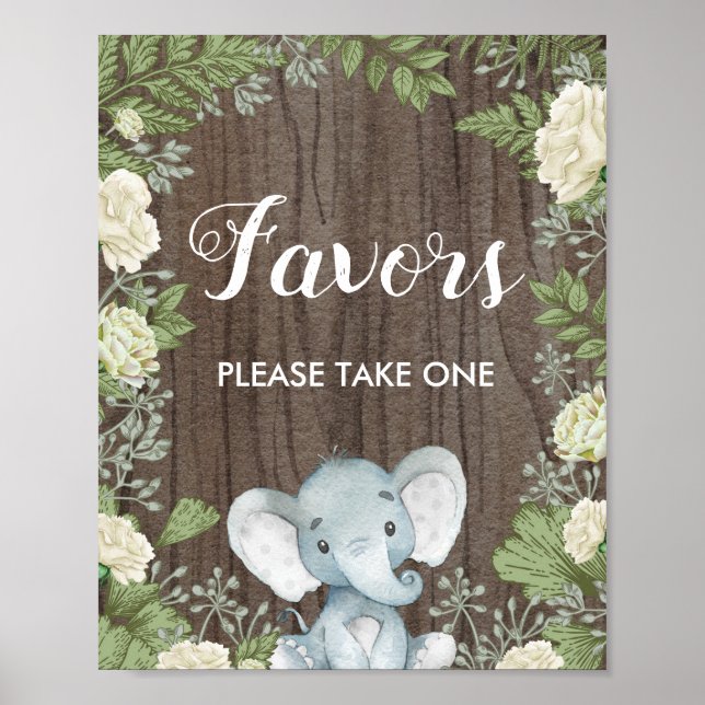 Rustic Elephant Favors / Botanical Greenery Party Poster (Front)