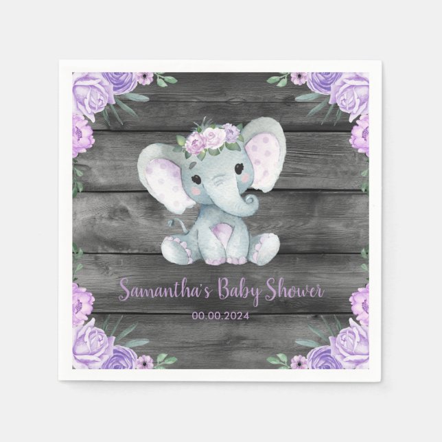 Rustic Elephant Girl Purple Floral Paper Napkin (Front)