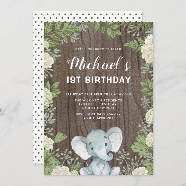 Rustic Elephant Greenery 1st Birthday Party Invitation (Front/Back)