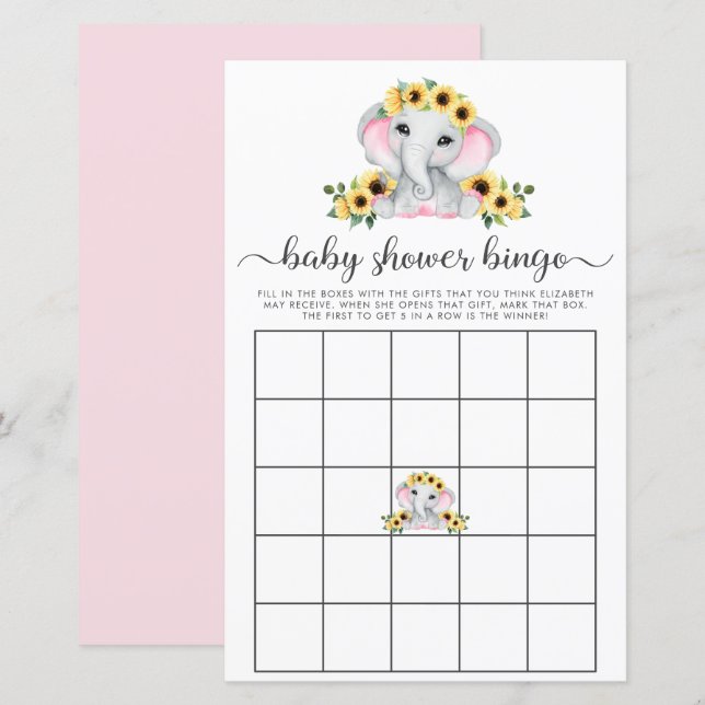 Rustic Elephant Sunflowers Baby Shower Bingo Game (Front/Back)