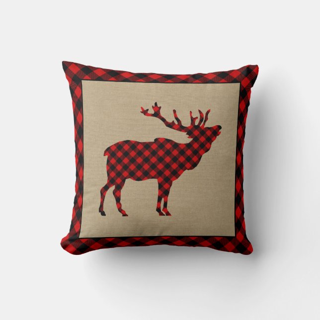 Rustic Elk Burlap and Red Plaid Cushion (Front)