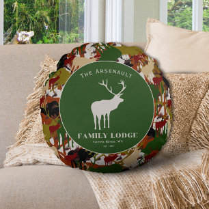 Rustic Elk Camo Family Name Lodge Round Cushion