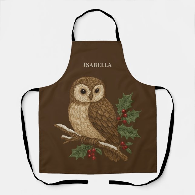 Rustic embroidery Christmas Owl with Holly Apron (Front)