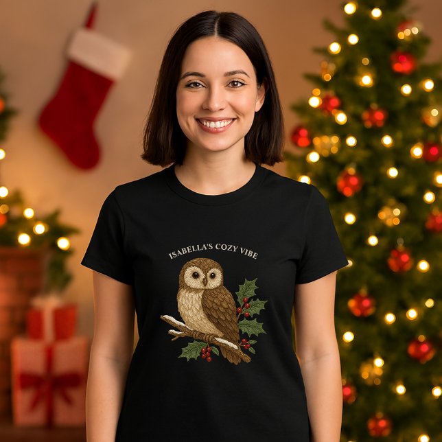 Rustic embroidery Christmas Owl with Holly black  T-Shirt (Creator Uploaded)