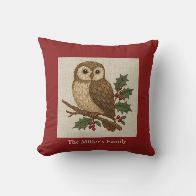 Rustic embroidery Christmas Owl with Holly Cushion (Front)