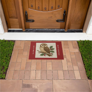 Rustic embroidery Christmas Owl with Holly Doormat