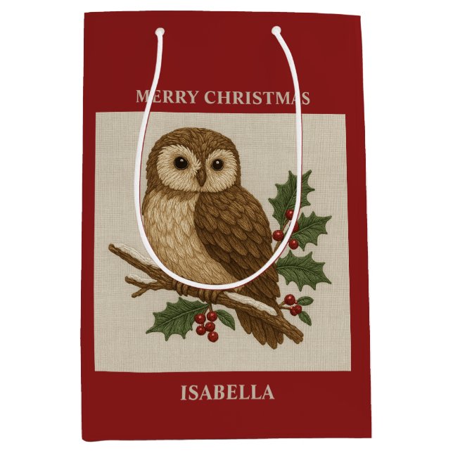 Rustic embroidery Christmas Owl with Holly Medium Gift Bag (Front)