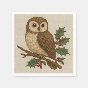 Rustic embroidery Christmas Owl with Holly Napkin