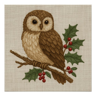 Rustic embroidery Christmas Owl with Holly Poster