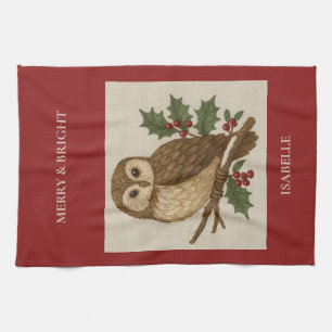 Rustic embroidery Christmas Owl with Holly Tea Towel