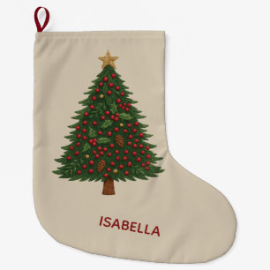 Rustic embroidery christmas tree & Holiday Greens Large Christmas Stocking