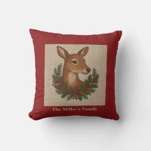 Rustic embroidery Deer & Holiday Greens christmas Cushion