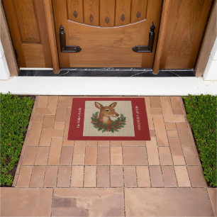 Rustic embroidery Deer & Holiday Greens christmas Doormat