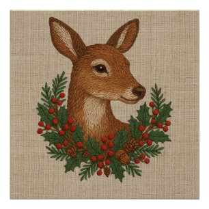 Rustic embroidery Deer & Holiday Greens christmas Poster