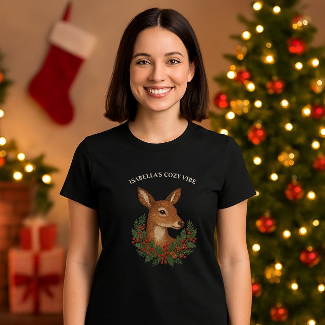 Rustic embroidery Deer & Holiday Greens christmas T-Shirt (Creator Uploaded)