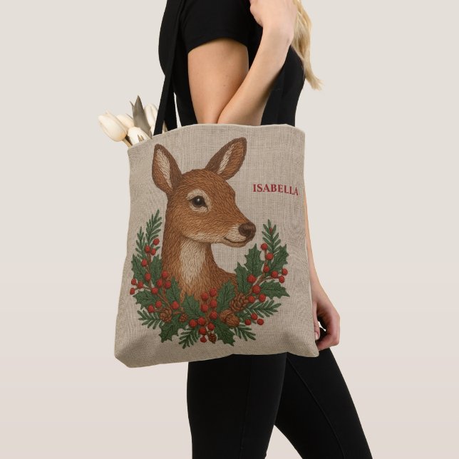 Rustic embroidery Deer & Holiday Greens christmas Tote Bag (Close Up)