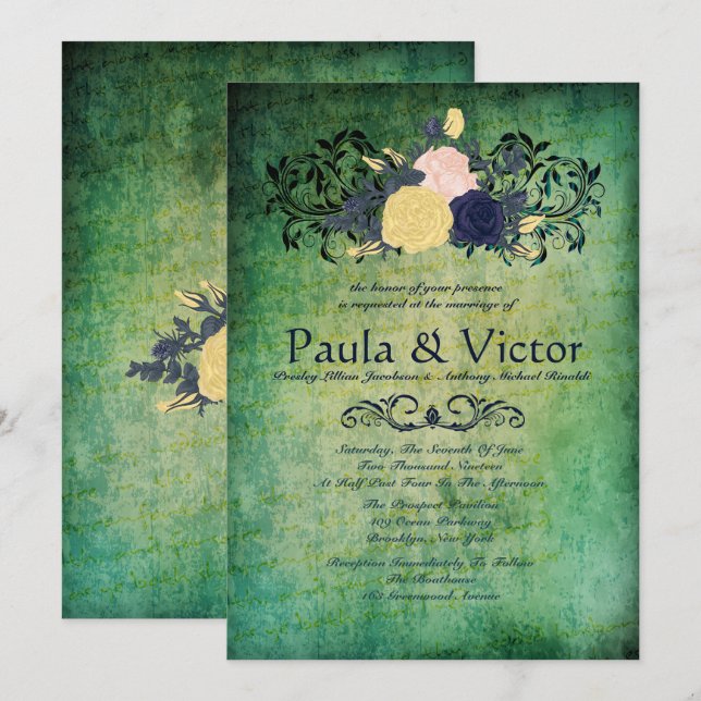 Rustic Emerald Floral Wedding Invitations (Front/Back)