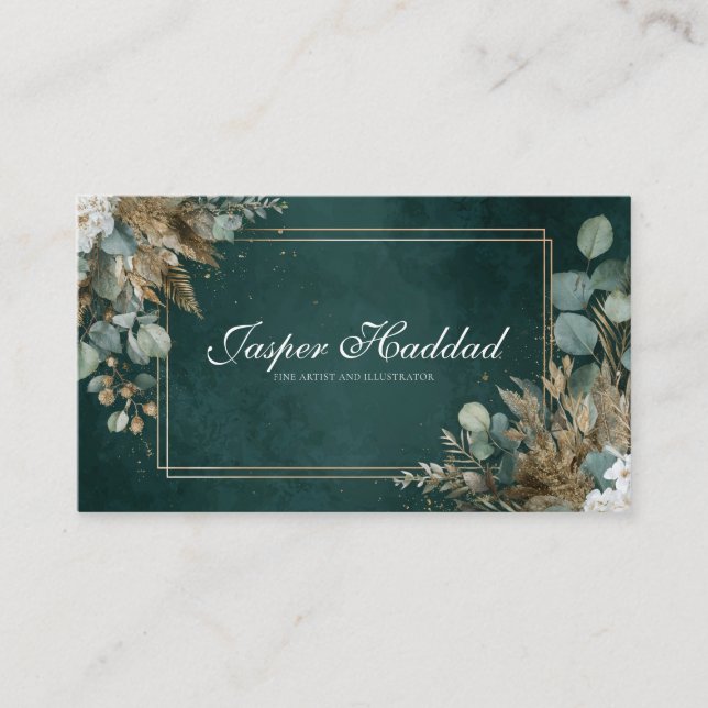 Rustic Emerald Gold Eucalyptus White Floral Modern Business Card (Front)