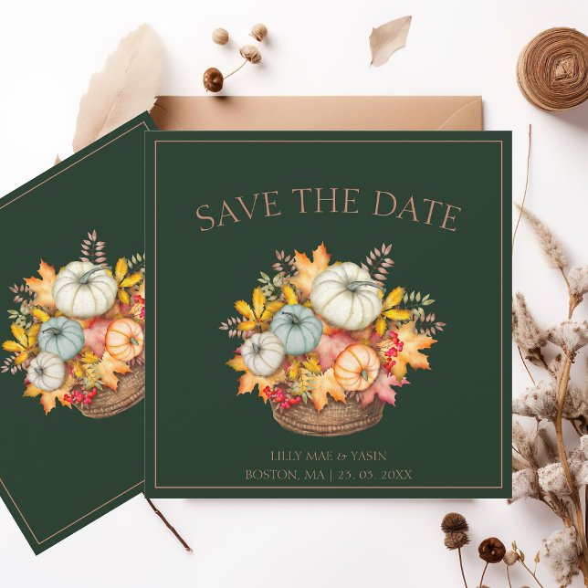 Rustic Emerald Green Autumn Fall Pumpkins Wedding Save The Date (Creator Uploaded)