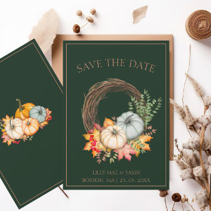 Rustic Emerald Green Autumn Fall Pumpkins Wedding Save The Date