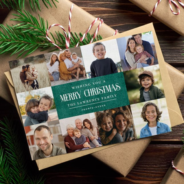 Rustic Emerald Green Christmas 10 Photos Collage Holiday Card (Creator Uploaded)