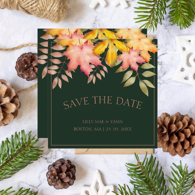Rustic Emerald Green Fall Autumn Leaves Wedding Save The Date (Creator Uploaded)