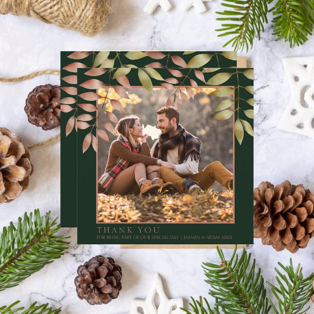 Rustic Emerald Green Fall Leaves Photo Wedding Thank You Card (Creator Uploaded)