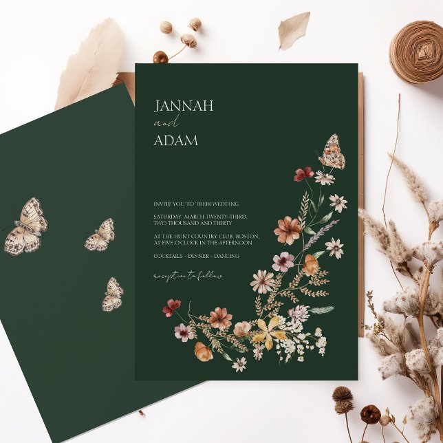 Rustic Emerald Green Fall Wildflowers Wedding Invitation (Creator Uploaded)
